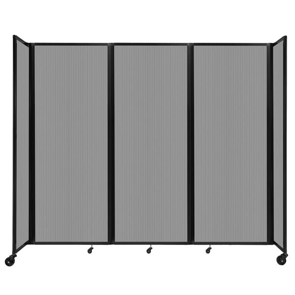 A light gray Versare room divider with four panels on wheels.