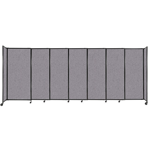 A close-up of a Versare Cloud Gray StraightWall sliding room divider with wheels.