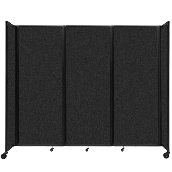 A black Versare SoundSorb room divider screen with wheels.