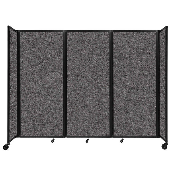 A Versare charcoal gray foldable room divider with wheels.
