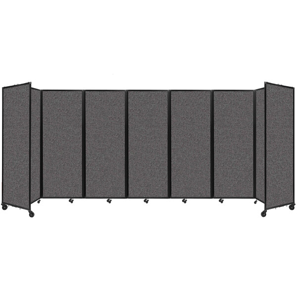 A Versare charcoal gray foldable room divider with four panels.