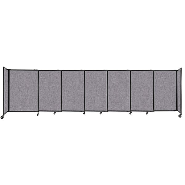 A close-up of a Versare Cloud Gray fabric room divider.