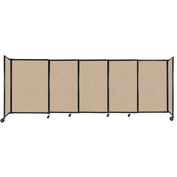 A beige Versare StraightWall sliding room divider with black trim on wheels.