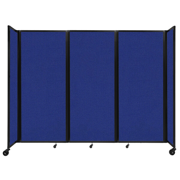 A Versare royal blue foldable room divider with black trim on wheels.