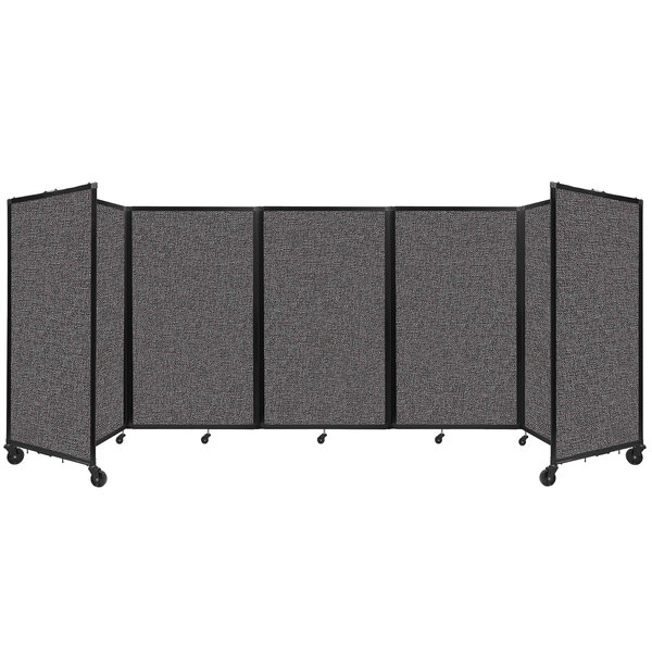 A Versare charcoal gray foldable room divider with four panels and a black frame.