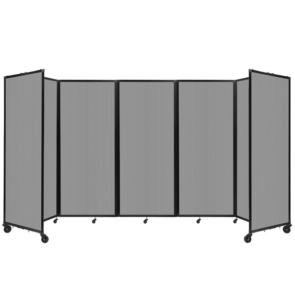 A Versare light gray room divider with wheels.