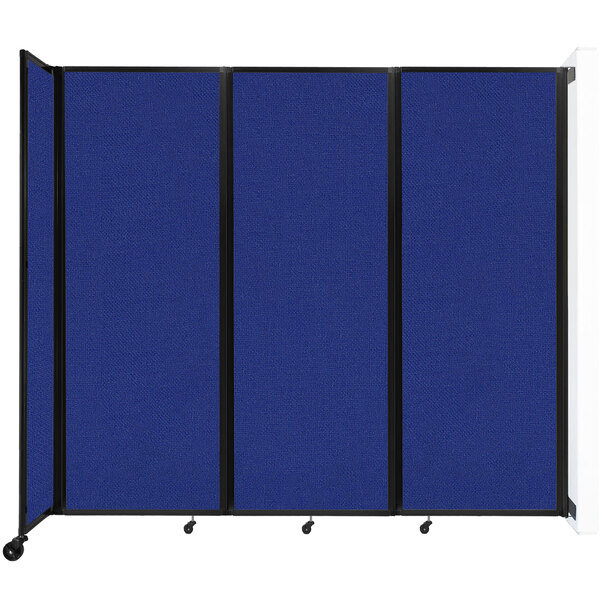 A blue Versare wall-mounted room divider with black trim.