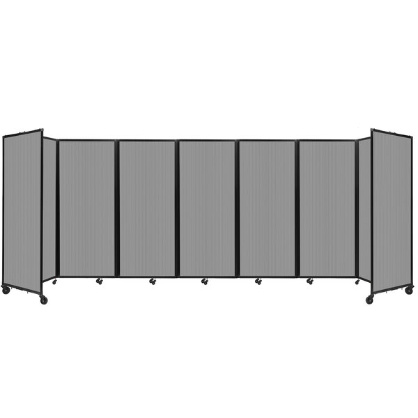 A Versare light gray polycarbonate room divider with wheels.