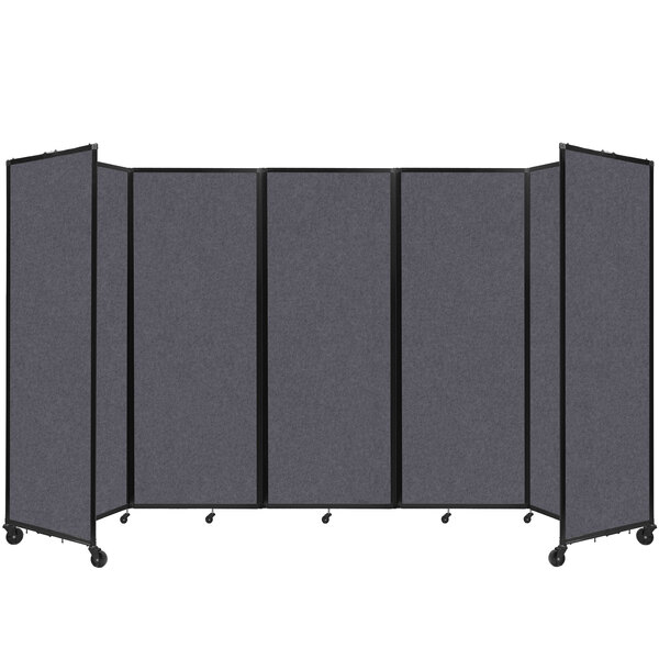 A dark gray Versare SoundSorb room divider with black trim on wheels.