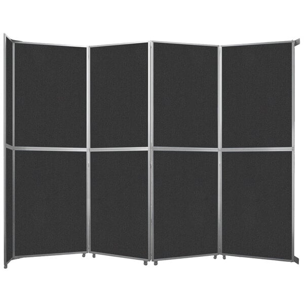 A black room divider with silver trim.