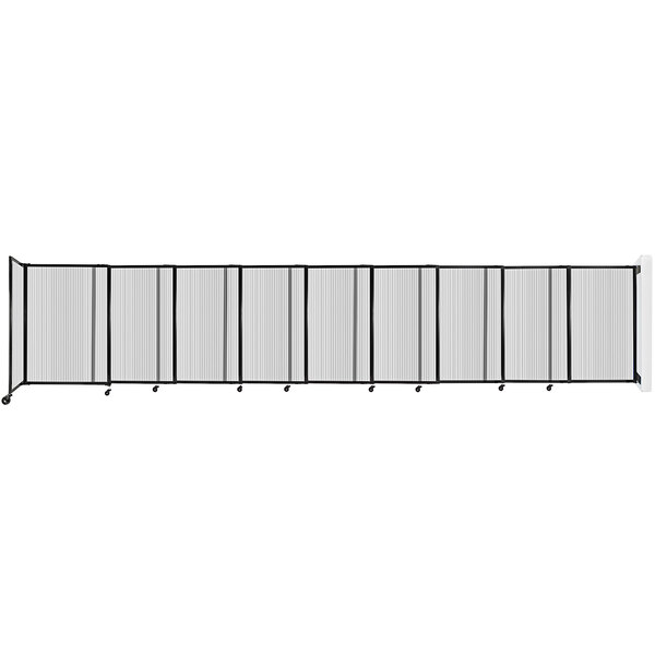 A long clear Versare wall-mounted sliding room divider with black frames.