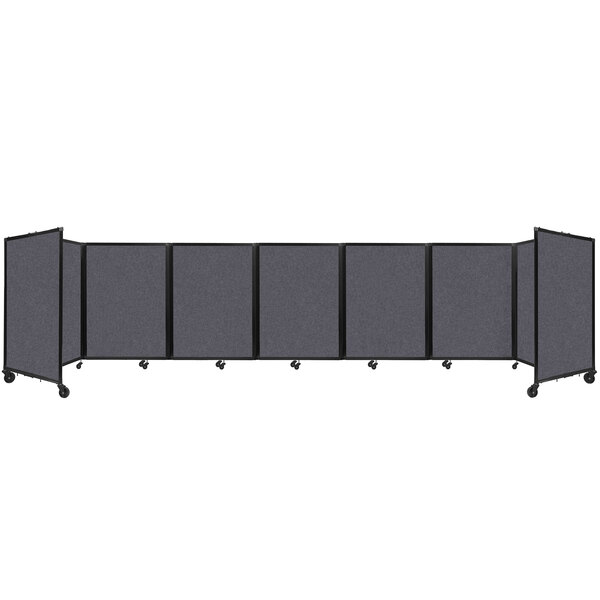 A long shot of a dark gray Versare SoundSorb folding room divider with rectangular panels.