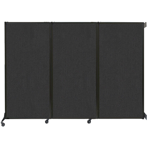 A black wall-mounted Versare Quick-Wall folding room divider with black metal frames.