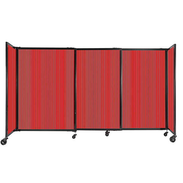 A red Versare Poly StraightWall sliding room divider with wheels.