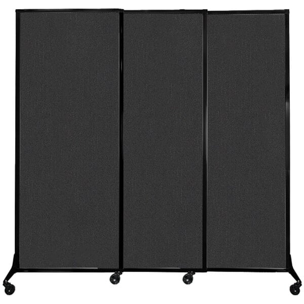 A black rectangular Versare room divider panel with wheels.