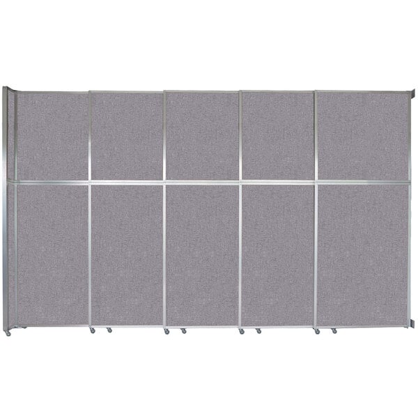 A grey room divider with silver metal frames.