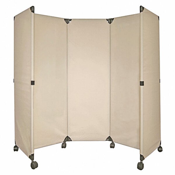 A beige Versare portable partition with wheels.