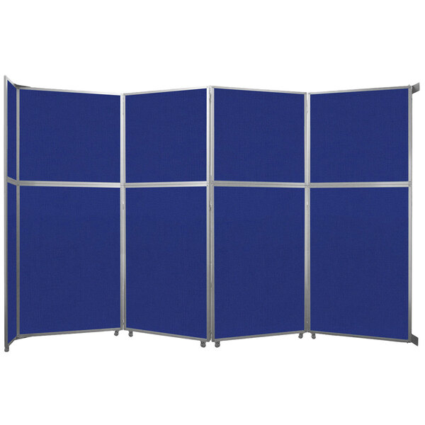 A royal blue Versare operable wall folding room divider with silver trim.