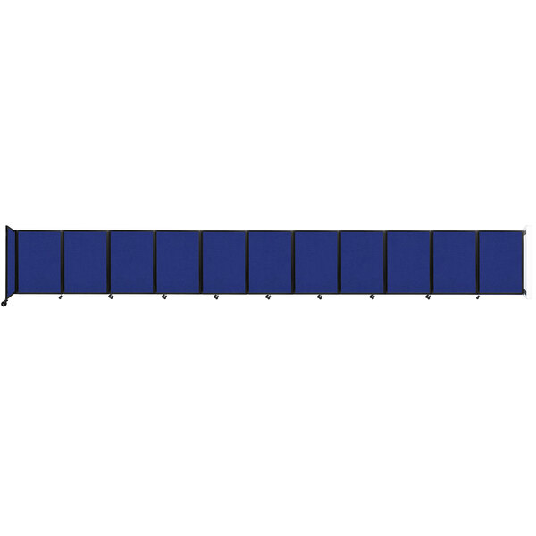 A blue wall-mounted room divider with black trim.