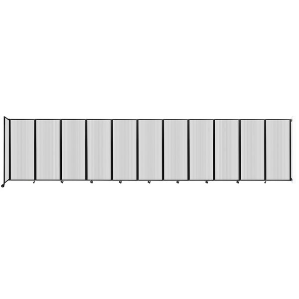 A long white and clear Versare wall-mounted room divider with four panels.