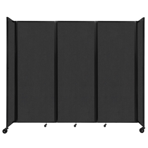 A black rectangular Versare room divider with wheels.