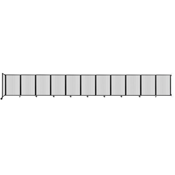 A long line of Versare clear poly wall-mounted room dividers with black borders.