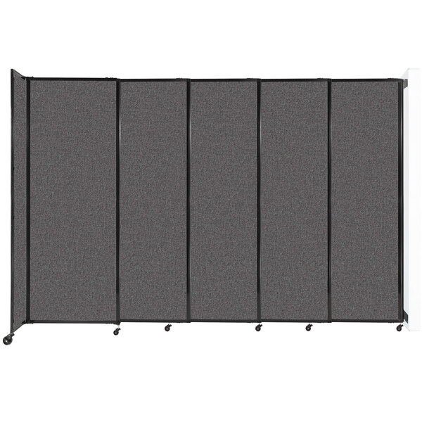 A Versare charcoal gray wall-mounted sliding room divider.