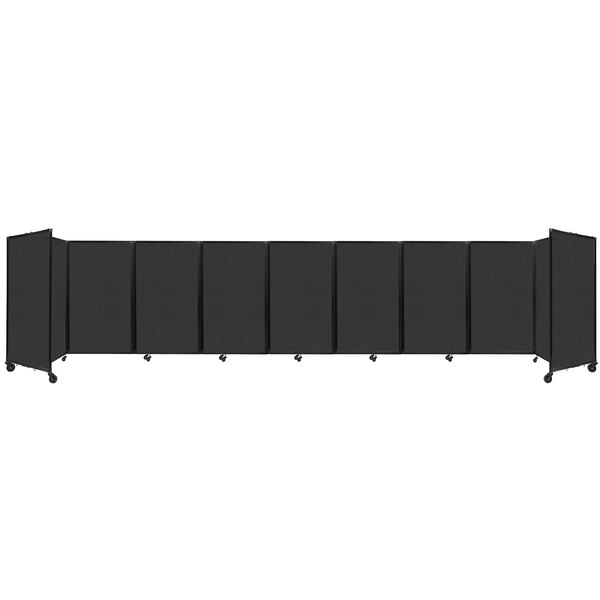 A black Versare foldable room divider with wheels.