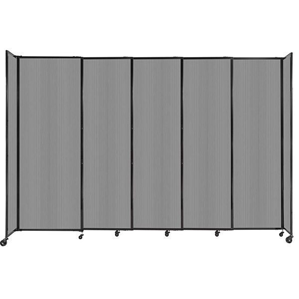 A light gray Versare StraightWall sliding room divider with black metal trim on wheels.