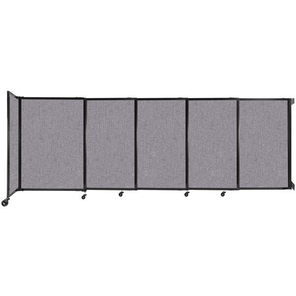 A Versare Cloud Gray StraightWall wall-mounted room divider with a black frame and grey fabric.