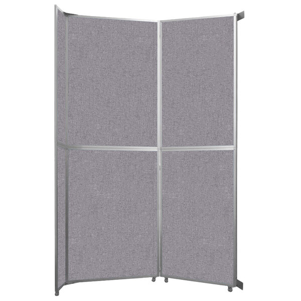 A gray Versare room divider with silver trim.