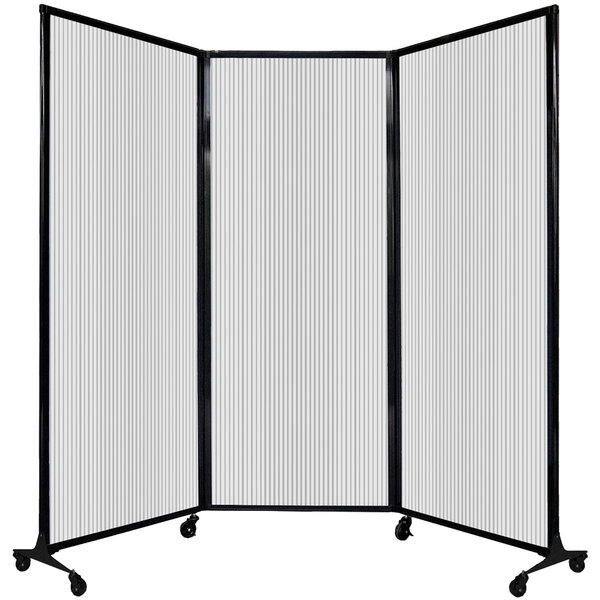 A clear Versare room divider on wheels.