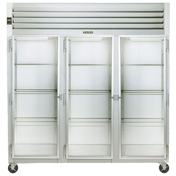 A white Traulsen reach-in refrigerator with three glass doors.