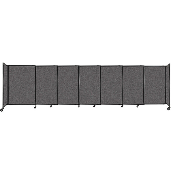 A Versare charcoal grey fabric room divider with wheels.