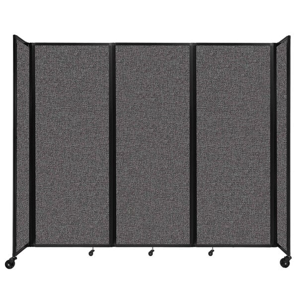 A Versare charcoal gray room divider screen with wheels.