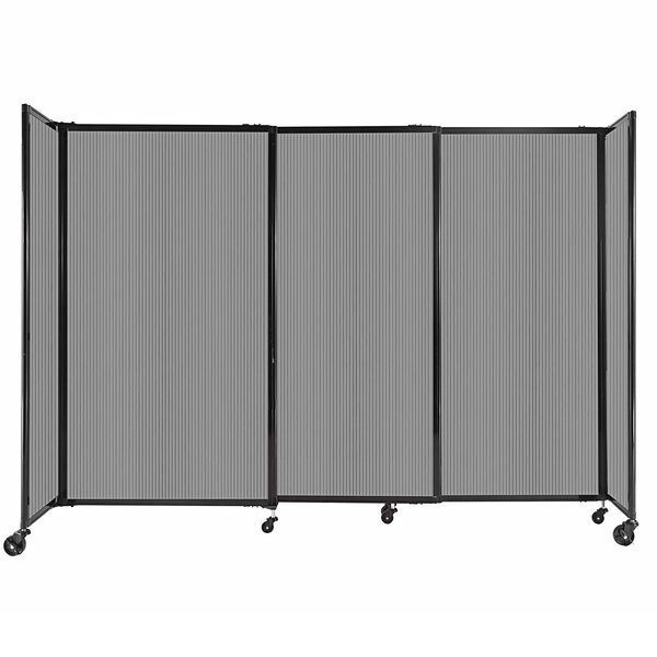 A light gray Versare Poly StraightWall sliding room divider with a black frame and wheels.