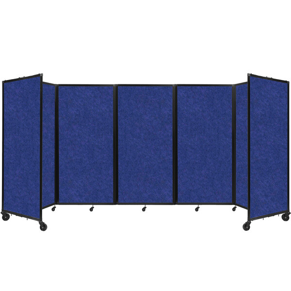 A blue rectangular room divider with black trim on wheels.