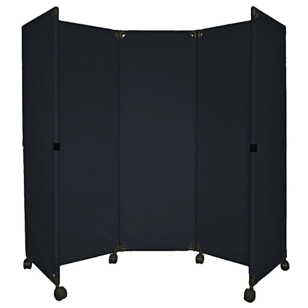 A black rectangular Versare MP10 portable partition with wheels.