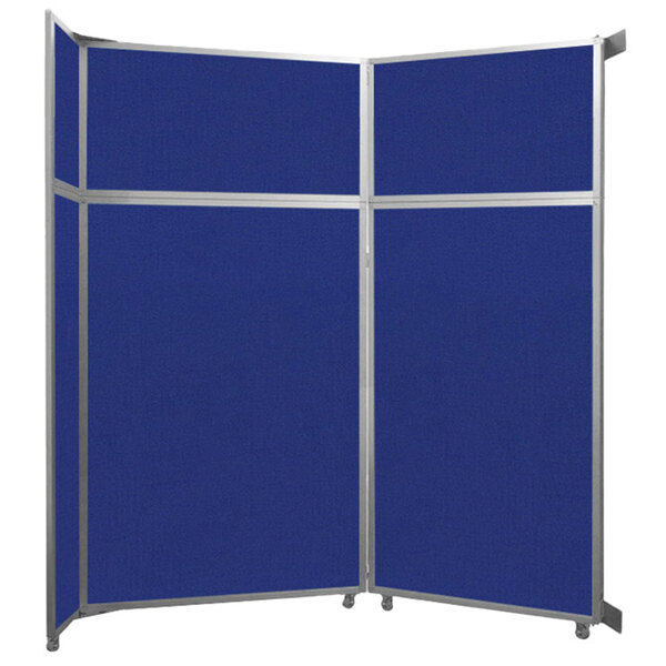 A blue rectangular Versare folding room divider with a silver frame.