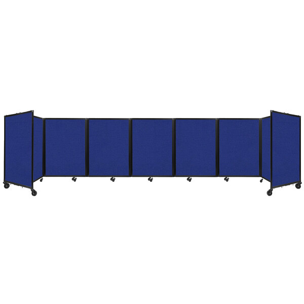 A blue room divider with black trim on wheels.