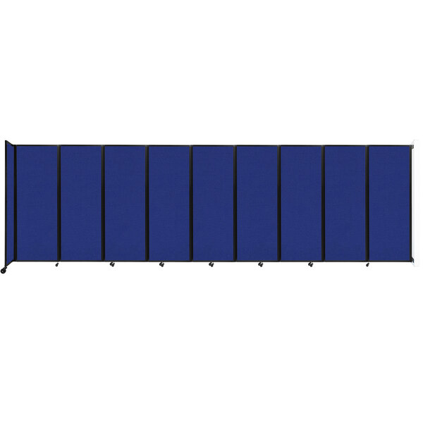 A blue room divider with black trim on the frame.