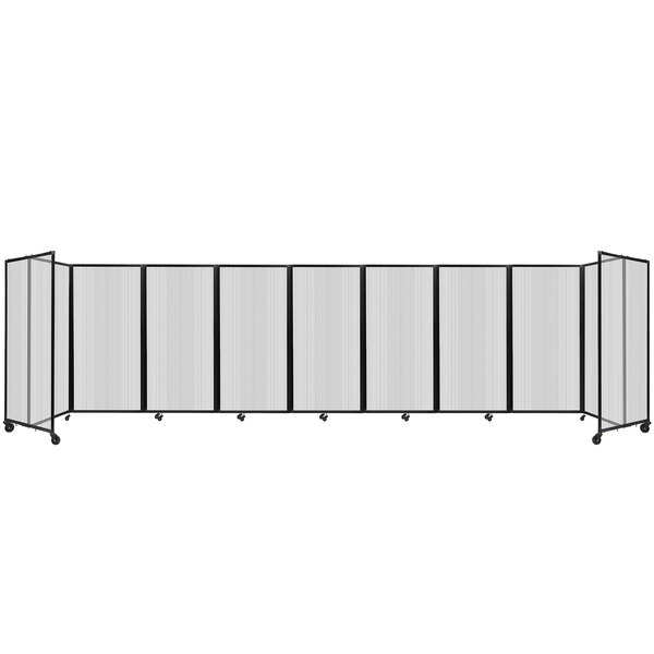 A clear polycarbonate room divider with white panels on wheels.