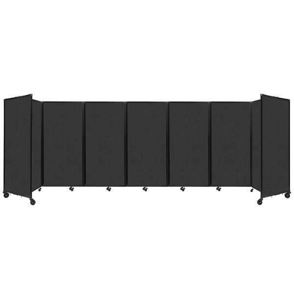 A black rectangular Versare room divider with wheels.
