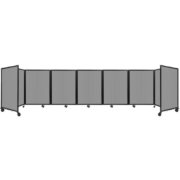 A long shot of a light gray Versare room divider with six panels.