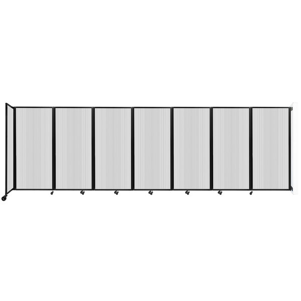 A clear poly wall-mounted room divider with black trim.