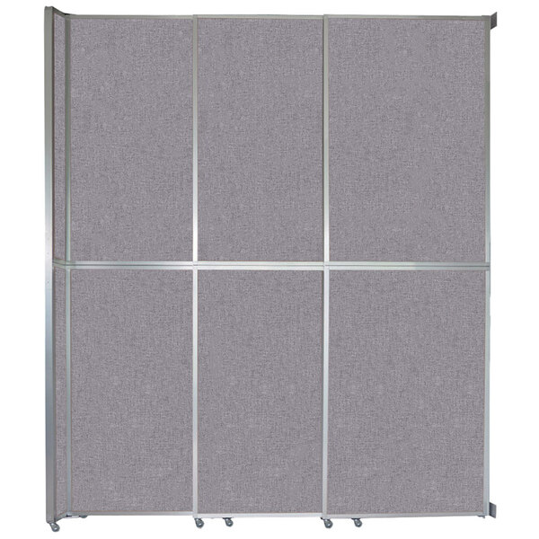 A Cloud Gray Versare operable wall room divider with silver trim.