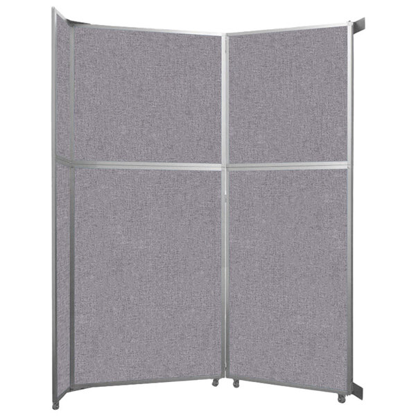 A grey fabric Versare room divider with silver metal frames.