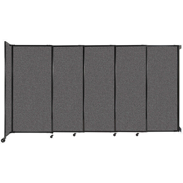 A Versare charcoal gray wall-mounted sliding room divider with wheels.