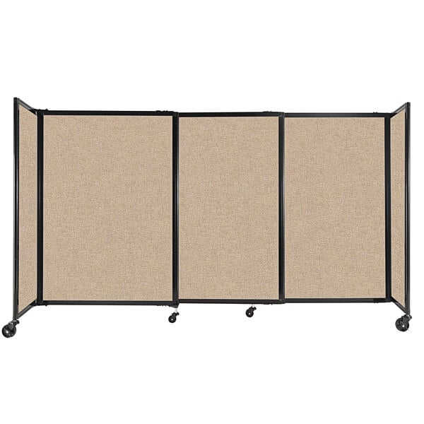 A Versare beige room divider with four panels of tan fabric.