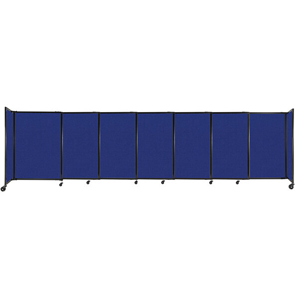 A royal blue Versare StraightWall sliding room divider with black trim and wheels.